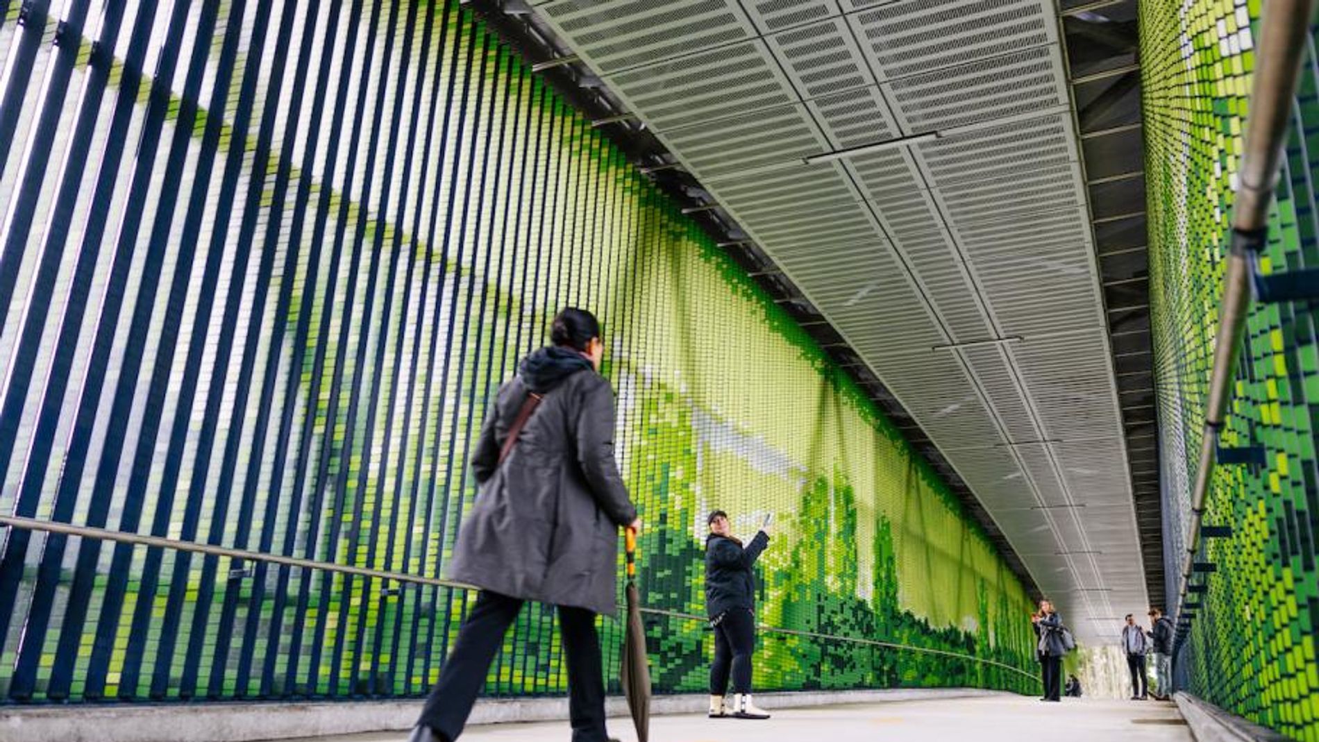 The new pedestrian bridge at Overlake Village Station, showcasing 'Verdant' by Leo Saul Berk, exemplifies artistic and functional integration in eastside transit development.