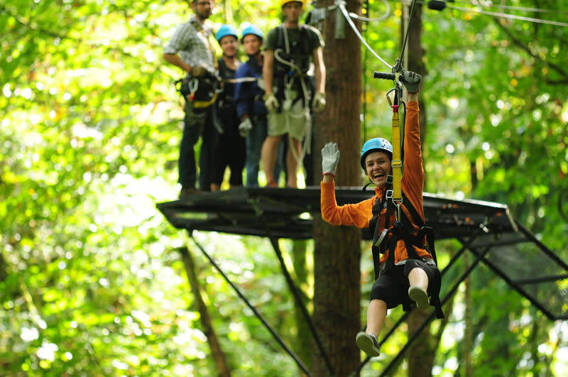 Experience the thrill of ziplining with Bellevue Zip Tours during your girls' weekend.